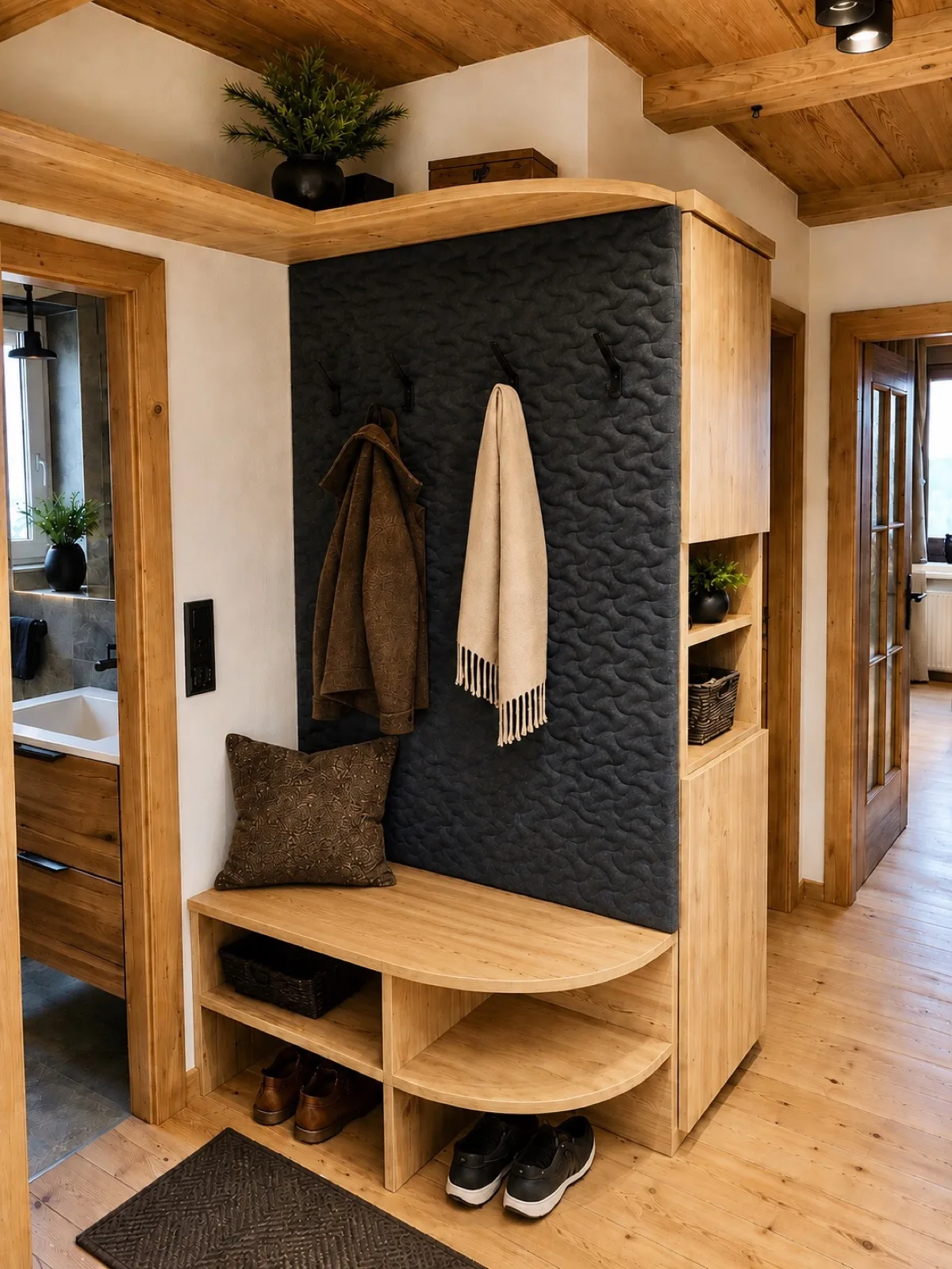 Garderobe aus Holz mit gepolsterter Rückwand und Sitzbank