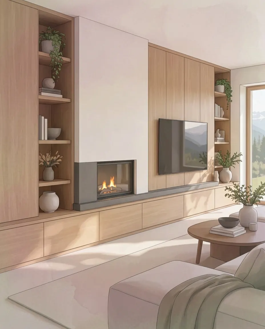 Fotorealistisches Rendering einer maßgefertigten Wohnwand aus Eiche