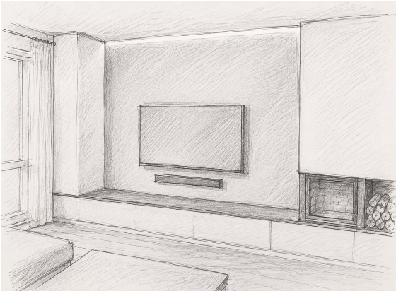 Skizze einer Wohnwand mit TV, Stauraum und Kamin